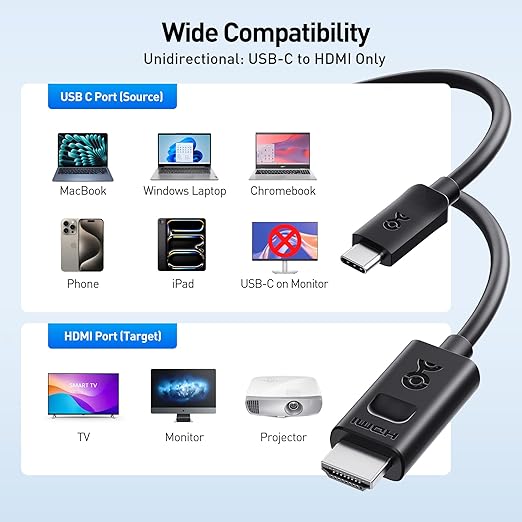 Cable Matters Unidirectional USB C to HDMI 2.1 Cable - 6ft, Support 4K@240Hz and 8K@60Hz, HDR - Thunderbolt 4, Thunderbolt 5, USB 4 Compatible with MacBook Pro, XPS, ThinkPad - Max 4K 60Hz on macOS