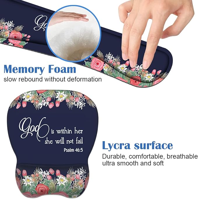 Ergonomic Mouse Pad Wrist Support and Keyboard Wrist Rest Set with Coasters, Non-Slip PU Base, Easy Typing & Pain Relief, Perfect for Home Office Working Studying, Floral Quote Bible Verse Psalm 46:5