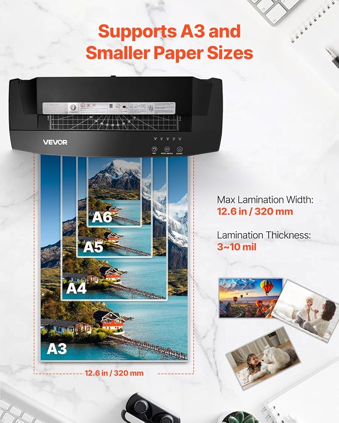 VEVOR Laminator Machine, Cold and Hot Lamination for Max A3 Paper Size, 1 min Quick Warm Portable Laminator, 3-10 mil Thickness, Ideal for Home, Office, Business, or School Supplies, Black