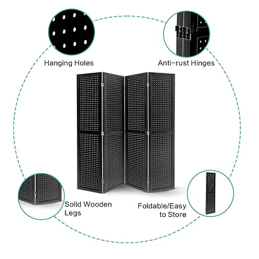 Babion 4 Panel Pegboard Display, Peg Board Room Divider Freestanding Folding Privacy Screens Display Stand for Craft Shows (Black)