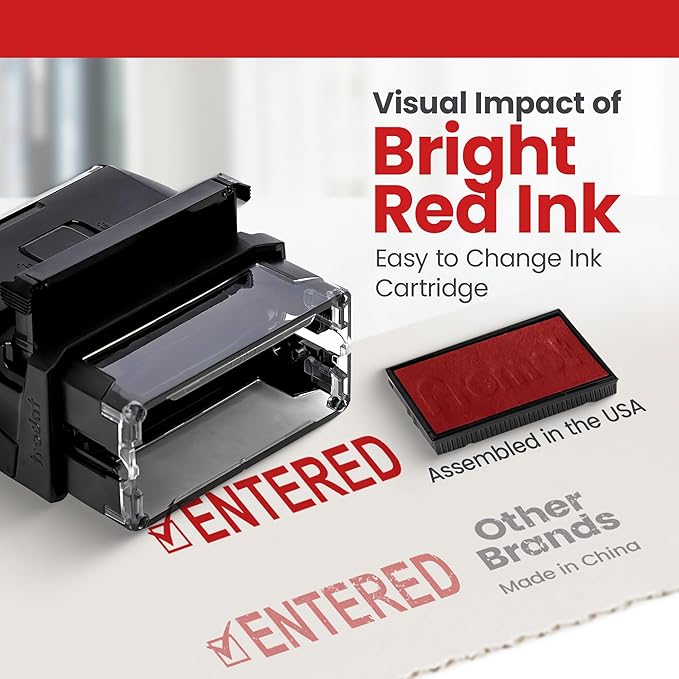 Promot Entered Self Inking Rubber Stamp - Refillable Stampers for Office - Business, Accounting, Bookkeeping, Coding, Legal, Notary, Work, Ordering, Inventory Stamps - Red Ink