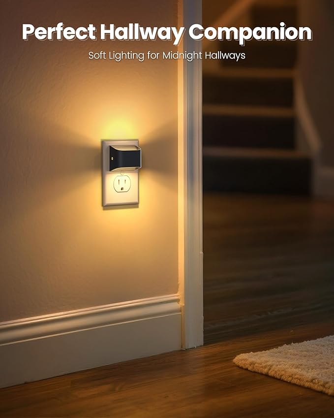 NIORSUN Night Lights Plug Into Wall, Auto Brightness Sensor Night Light, 3000K Warm White, Ultra-Slim Wall Light for Hallway Bathroom Bedroom Stairs, Black, 8 Pack
