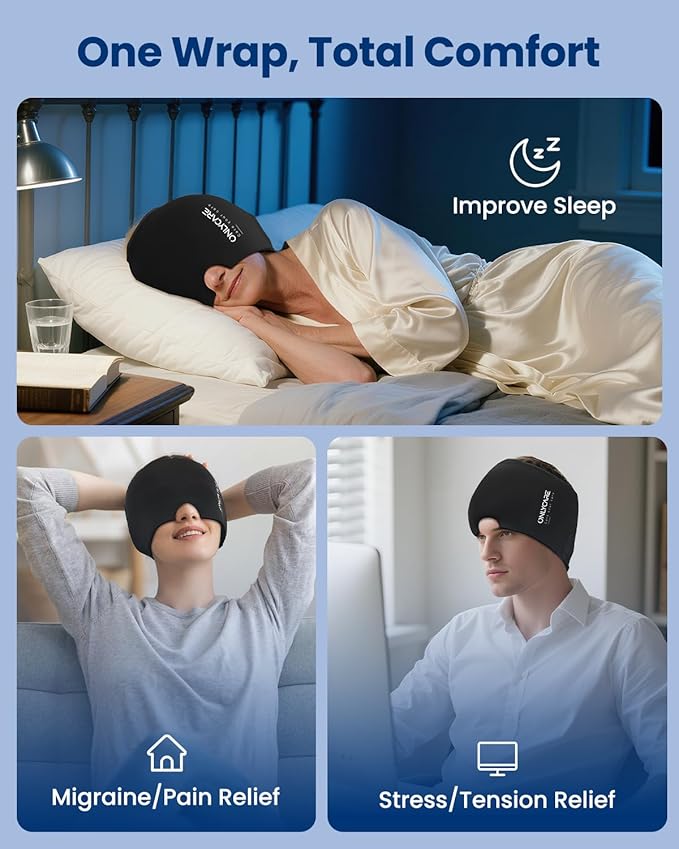 ONLYCARE Migraine Relief Cap, Upgraded Odorless Headache Relief Cap, 360° Gel Surround Ice Pack Mask for Migraine, Sinus, Stress, Frontal Headaches (Black)