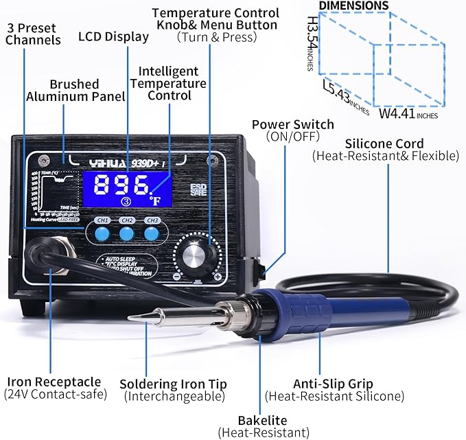 YIHUA 939D+ I Soldering Station, Upgraded, 75 Watt Equivalent with 3 Memories, °C/°F LCD display, Sleep Function, Automatic Shutdown & Brushed Aluminum Panel(Iron-burn Resistant)