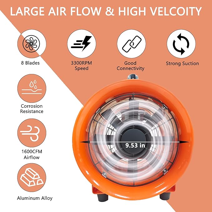 FICBXRA Utility Blower Fan 10 Inch Portable Axial Exhaust Fan 350W/2.6A 1600CFM High Velocity Ventilator with 32FT Duct Hose for Exhausting & Ventilating at Home and Job Site