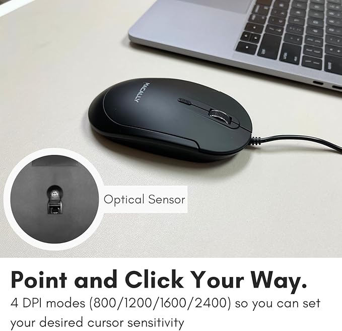 Macally Computer Mouse Wired, Silent USB Mice - Slim & Compact USB for Apple Mac or Windows PC Laptop/Desktop - Designed with Optical Sensor & DPI Switch - Simple - Black