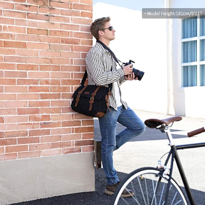 Kattee Leather Canvas Camera Bag Vintage DSLR SLR Messenger Shoulder Bag - Image 2