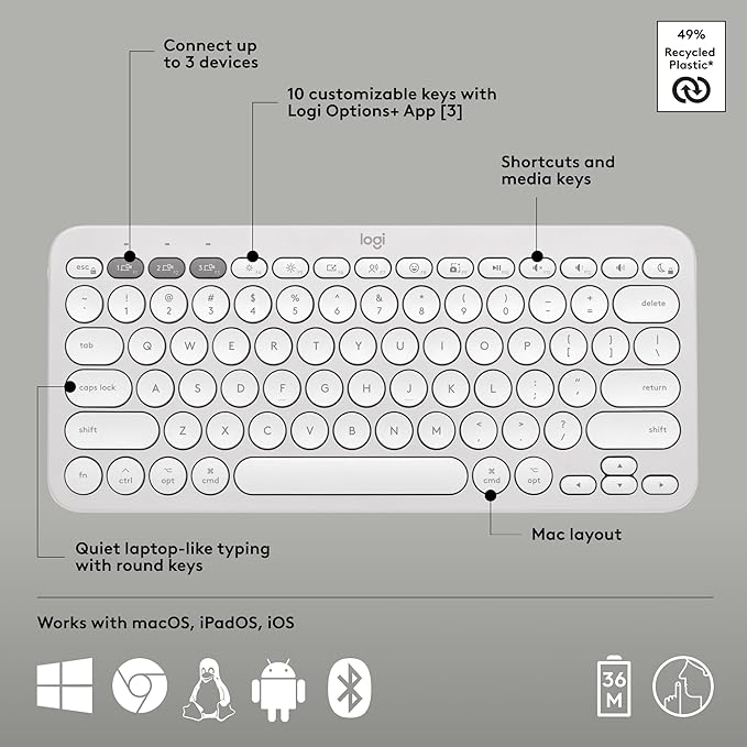 Logitech Pebble 2 Combo for Mac, Wireless Keyboard and Mouse, Slim, Quiet and Portable, Customizable, Bluetooth Mouse and Keyboard, Easy-Switch, for macOS, iPadOS - Tonal White