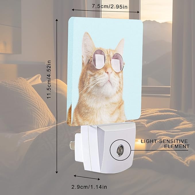 Smoaffly Glasses Cat Night Light Plug-in LED Nightlights Auto Sensor Night Lamp Dusk-to-Dawn Lamp Home Decor for Nursery Children Girls Boys