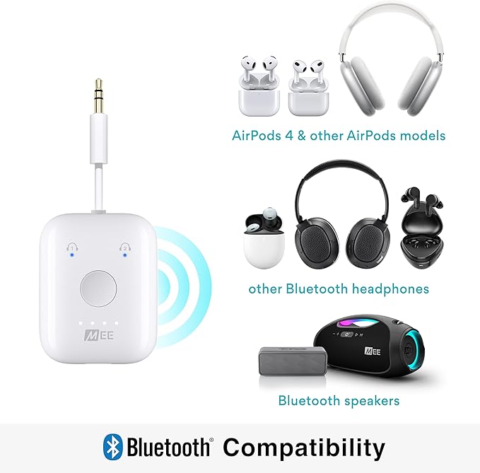 MEE Audio Connect Air in-Flight Bluetooth Wireless Audio Transmitter, with Extra Dual 3.5mm Jack AUX Adapter, for up to 2 AirPods/Other Headphones; Works with All 3.5mm Aux Jacks, White