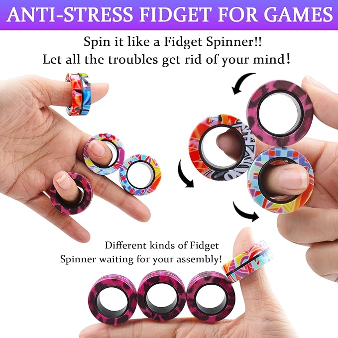 Cevioce 9Pcs Magnetic Rings Fidget Toy Set, ADHD Anxiety Magnetic Fidget Toys Adults Fidget Spinner Rings for Relief, Valentines Day Gifts Gifts for 8+ Year Old Teen Boy Girl Easter Basket Stuffers C