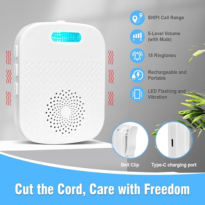 Daytech Caregiver Pager Wireless Call Button for Elderly at Home Life Alert Systems for Seniors/Patient/Disabled 300+ Feet 1 Portable/Vibration Receiver & 1 Emergency Button