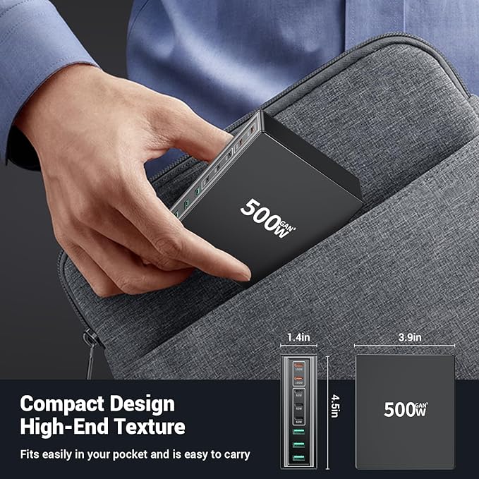 500W USB C Charger Block: 8-Port GaN Charging Station Hub - Dual 100W PD, 3x65W USB-C Fast Charge, Compact Adapter - Wall Plug Power Hub for MacBook Pro iPhone 16 iPad Dell XPS Galaxy Travel Office