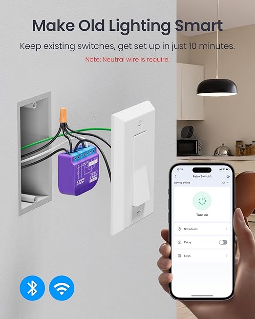 SwitchBot WiFi Switch Compatible with Alexa/Apple Home/Google Home/Matter (Hub Required), Power-Measuring Relay Switch Module with Integrated Bluetooth Repeater and Dry Contact, 2.4 GHz, 16 A