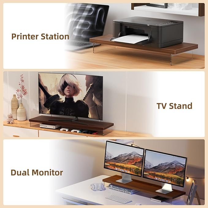 SSWOOD Dual Monitor Stand Riser, 40" Large Computer Monitor Stands for 2 Monitors, Wooden Desktop Organizer Shelf for Office Desk Computer, Laptop, TV, Monitor, Printer