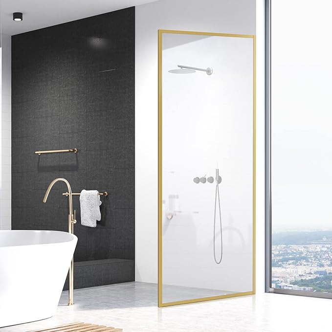 Bathroom Fixed Glass Shower Wall Panels, 34 in W x 74 in H Framed Tempered Shower Glass Panel for Open Walk-in Bathroom and Bathtub, Clear Glass Shower Panel with Matte Brushed Gold Finish