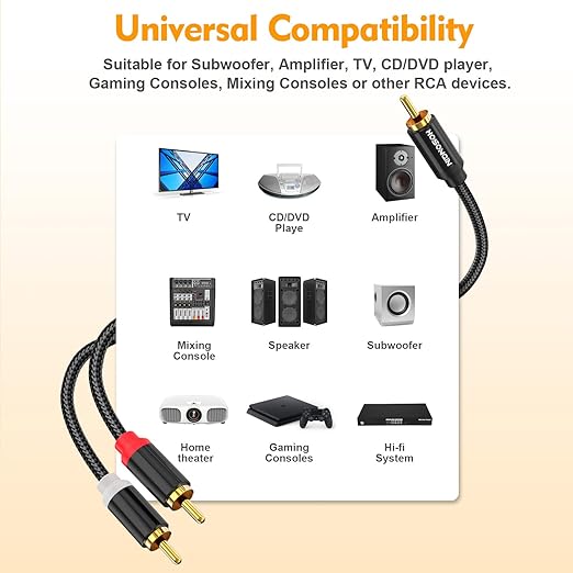 HOSONGIN RCA Y Splitter Cable, 6.6ft, 2 Pack, Gold-Plated, Noise-Free Durable Braided Audio Cable, 1 Male to 2 Male Adapter for Subwoofers, Amplifiers, TVs, Home Theater, Hi-Fi Systems