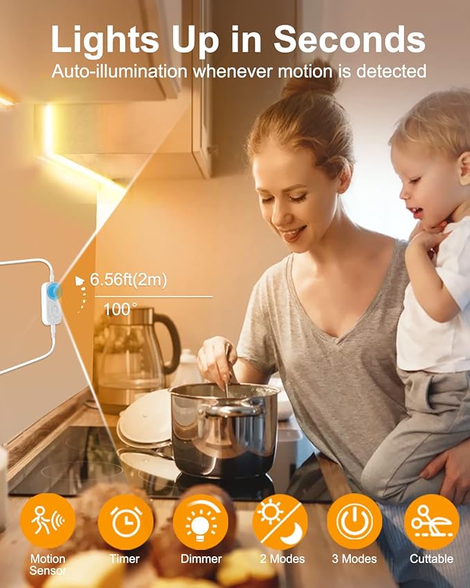 Feuymoent Motion Sensor LED Strip Light - Cabinet Strip Lights with 24W Plug, Dimmer and Timing, 9.84ft 3000K WarmWhite