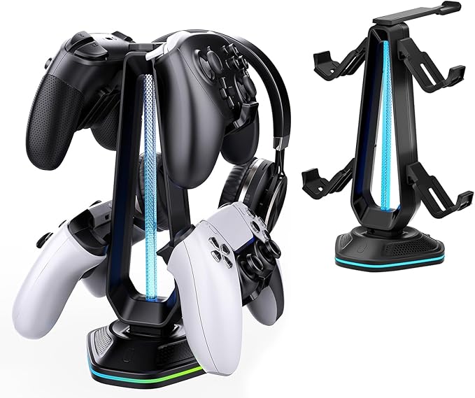 Oritikur RGB Headset Stand with 9 Light Modes and 2 USB Charging Ports - Controller Holder for Desk - Headphone Stand & Detachable Controller Hook for PC Earphone Gaming Room Setup Accessories