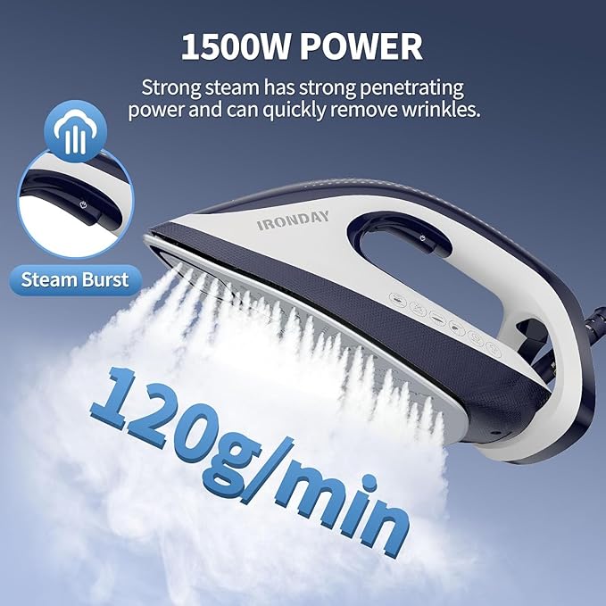 IRONDAY Steam Iron for Clothes,1500W Professional Steam Station,67.62oz Water Tank,Auto Shutoff,Self-Clean,ECO Mode, Iron Steamer with Ceramic Soleplate for Various Fabrics, Lock For Easy Carry