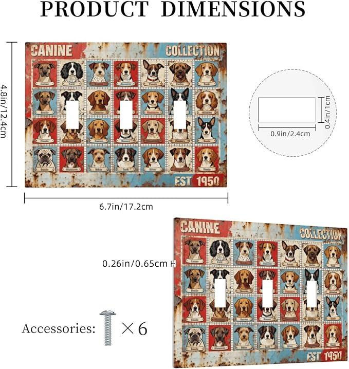 Bvtewkhz Dogs Funny Puppy Pets Vintage 3 Gang Triple Toggle Decorative Outlet Covers Light Switch Plate Electrical Receptacle Switchplate For Bathroom Kitchen Bedroom