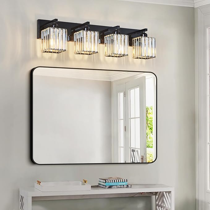FDPBY Modern Bathroom Vanity Light 4-Lights Plating Black Crystal Bathroom Wall Light Vanity Light Fixtures