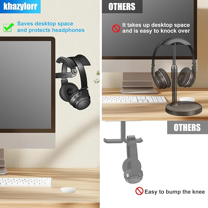 Khazylorr Monitor Stand for Headphones and Headsets, Adjustable Headphone Holder Hanger Hook Mount Strong Sticky on Monitor Space-Saving Desk Organizer, for Airpods Max and All Headphone