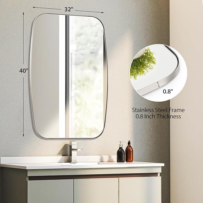 Brushed Nickel Bathroom Mirror, 32"×40" Oval Vanity Mirror with Stainless Steel Metal Frame, Silver Oblong Wall Mount Mirror for Bedroom, Living Room