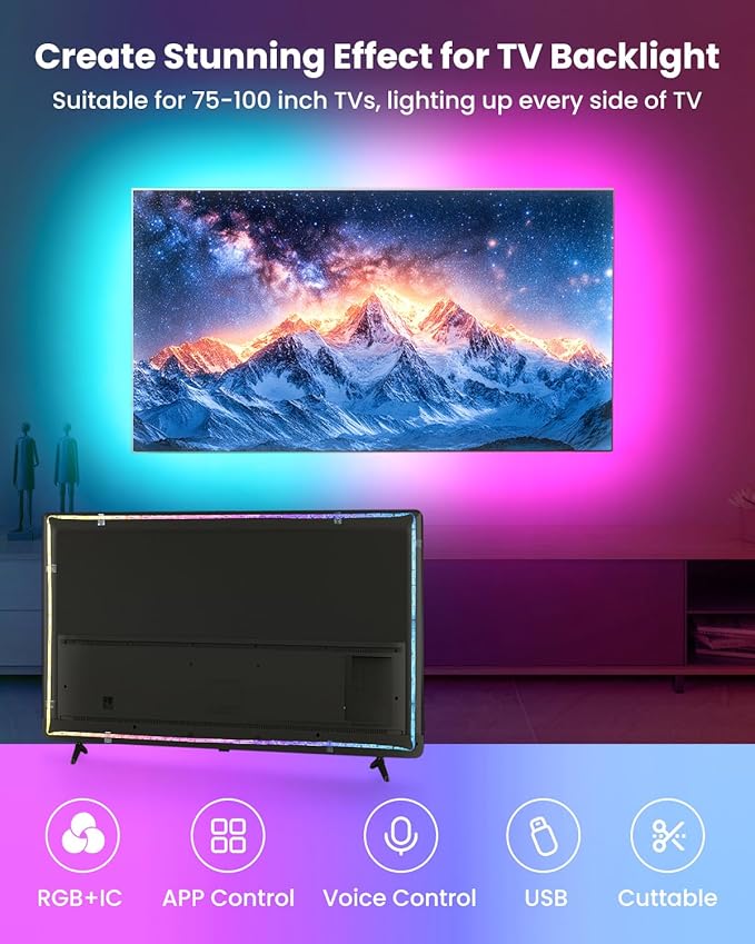 16.4ft RGB+IC LED Lights for 50-75 Inch TV, Backlight Strip Behind TV with Music Sync, Bluetooth APP and Voice Control, 44 Scene Modes, for Ambient Mood Lighting, Monitor Game, Bedroom, Living Room