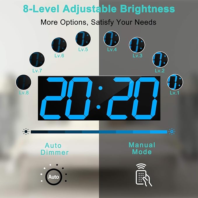CHKOSDA LED Large Digital Wall Clock, Oversize Wall Clock with 6” Numbers, Remote Control Count up/Countdown Timer Clock, Auto Dimmer, Big Calendar and Thermometer(Ice Blue)