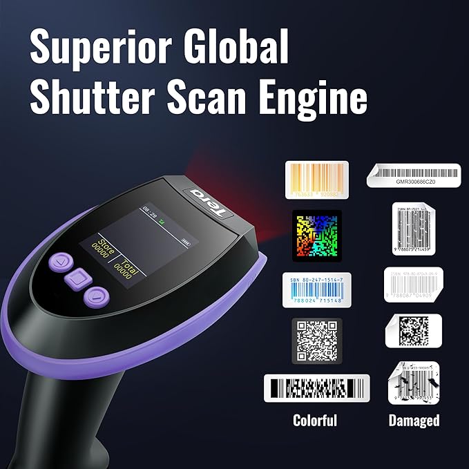 Tera Barcode Scanner Wireless with Screen: Pro Version 1D 2D QR with Setting Keypad Charging Cradle Works with Bluetooth 2.4G Wireless USB Wired Handheld Bar Code Reader HW0009 Purple