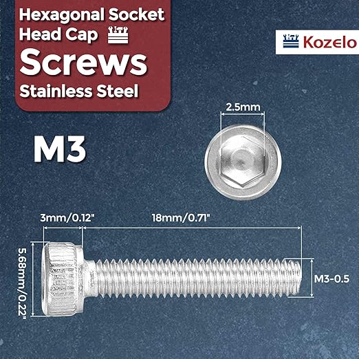 Kozelo 75pcs Socket Head Cap Screws - [M3-0.5 x 18mm] 304 Stainless Steel Allen Socket Drive for Electrical Motor 3D Printing Fan Engine Replacement Use, Silver