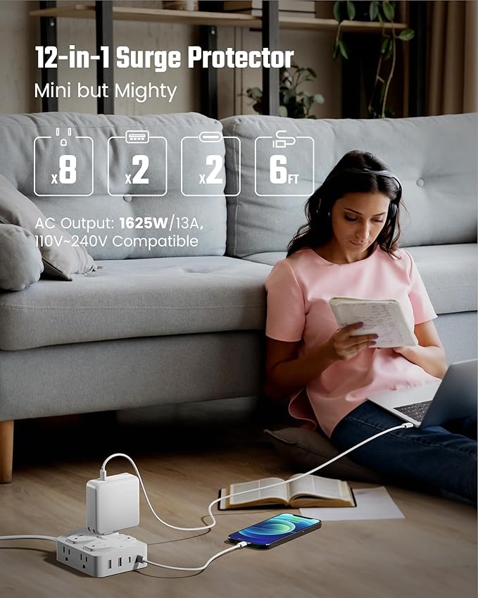 35W Fast Charging SUPERDANNY 4-Outlet 4-USB Power Strip with 20W C Port Fast Charge–6FT Extension Cord, Surge Protector 1080J, Overload Switch, Mountable, for Home, Office, School, Dorm - White