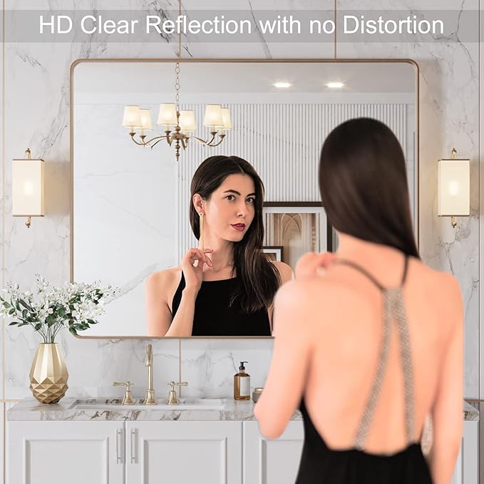 LOAAO 40”X36” Gold Bathroom Mirror, Rounded Rectangle Gold Frame Mirror, Brushed Gold Bathroom Vanity Mirror Wall-Mounted, Anti-Rust, Tempered Glass, Hangs Horizontally or Vertically