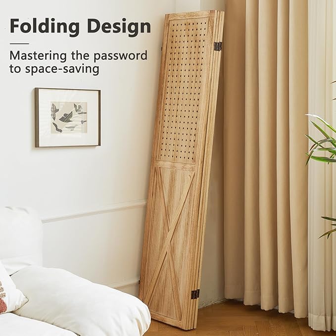 ALeesing 4 Panel Pegboard Wood Room Divider, 5.6Ft Pegboard Display Folding Privacy Screens, Peg Board Display Freestanding for Trade Show Craft Show Home Wall Organizer, Light Brown