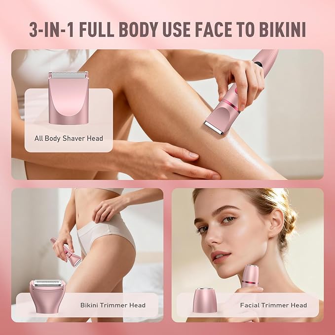 Crolanli Bikini Trimmer for Women, 3-in-1 Electric Razor for Women, IPX7 Waterproof Rechargeable Cordless Pubic Hair Shaver, with LED Display, for Ladies Bikini Pubic, Face, Underarms, Legs(Rose Gold)
