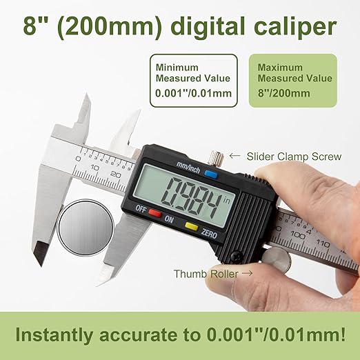 SCITOOLS Digital Caliper 0-8" Measuring Tool with Metal Ruler, Micrometer Caliper with Auto-Off Feature, Interchangeable Between inches and millimeters for DIY/Household and 3D Printing, Black