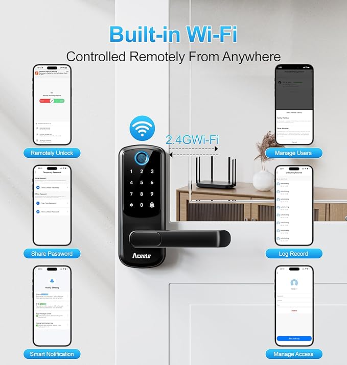 Aceele Keyless Entry Fingerprint Smart Door Lock, Built-in Wi-Fi, Electronic Lock for Front Door with Touch Digital Keypad and Handle, Automatic Door Knob for Apartment/Home/Bedroom(Black)