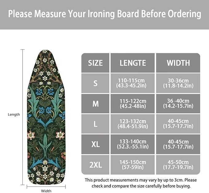 ZCFYGDX William Morris Ironing Board Cover Nylon Buckle Fastening Easy to Install Iron Decor Covers Standard with Elastic Edge Scorch Resistant Protective Covers for Iron Board 15x54 Vintage Print