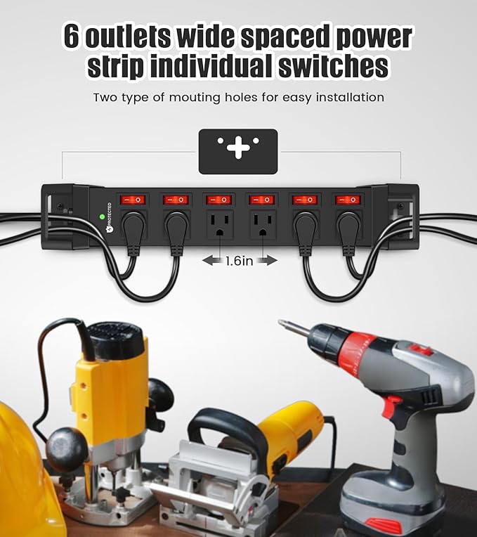 Heavy Duty Power Strip,6 Outlets Metal Power Strip with Individual Switch & Cord Management,Mountable Surge Protector 1200J,6FT Extension Cord(Black,6 FT)