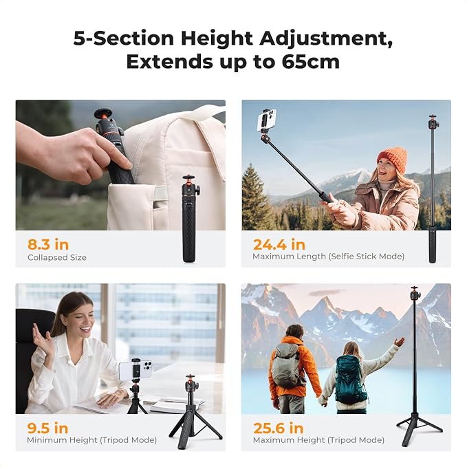 K&F CONCEPT MS62 25.6'' Mini Selfie Stick Tripod Stand, 5 Levels 360° Ball Head - Image 6