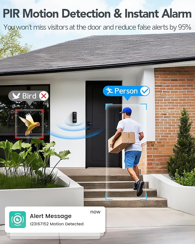 XTU Battery Doorbell, 180° Head-to-Toe Video, Live View with Two-Way Talk, No Monthly Fee, 2.4G Wi-Fi with Chime, Local/Cloud Storage, Human Detection, Compatible with Alexa & Google Home