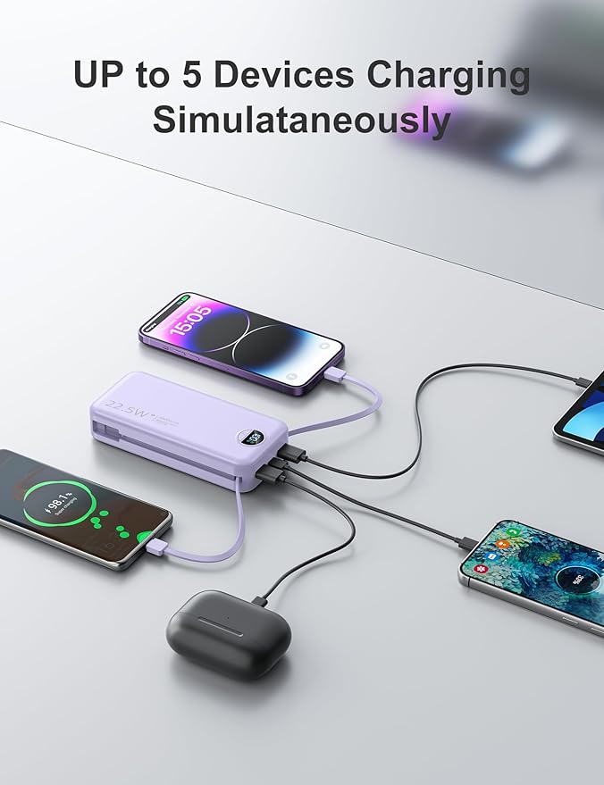 aonidi 20000mAh Ultra-Portable-Charger-Power-Bank PD20W with Built in Cables&AC Wall Plug,Fast Charging Cell Phone Charger Battery Pack,LED Display Travel Battery Bank for All iPhone,Samsung,Android