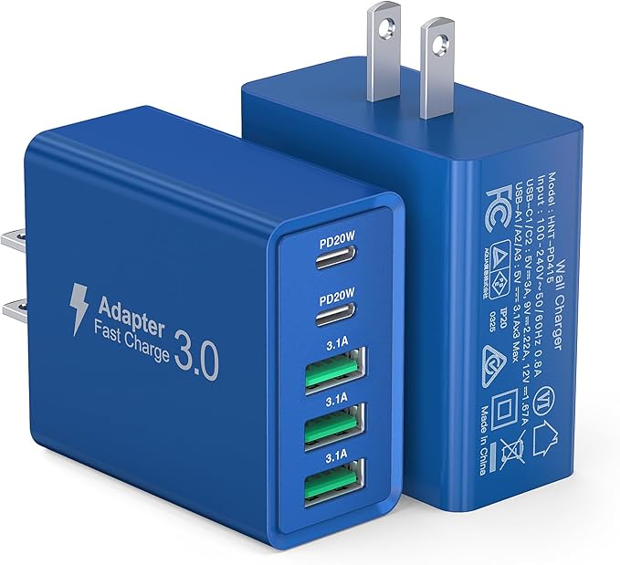 USB C Wall Charger, 60W USB C Charger Block 2-Pack 5-Port PD Fast Charging Blocks,Multiport 2USB C+3USB A Plug,Type C Power Adapter Brick Cube for iPhone 17/16/15/14/13,Samsung,for Switch（Dark Blue）