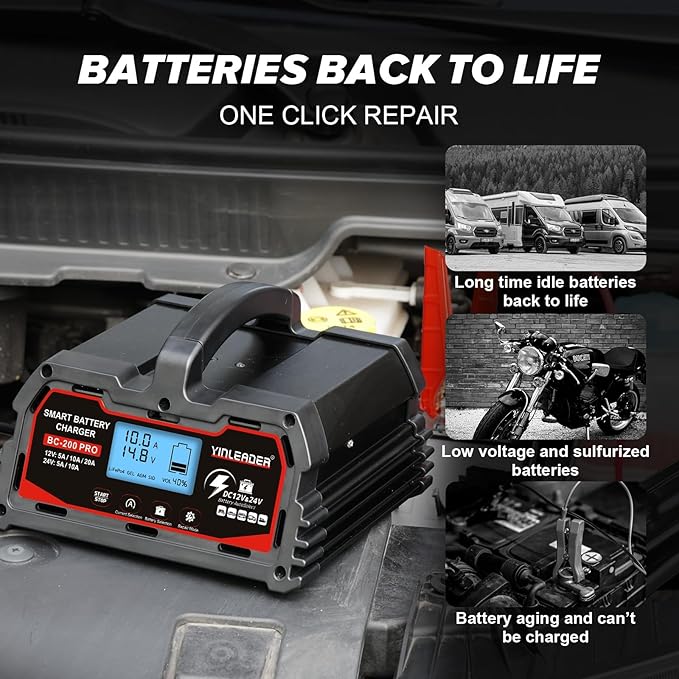Battery Charger 20A, 12V/24V Lead Acid Smart Battery Charger, 12V LiFePO4 Car Battery Trickle Charger, Automatic Battery Maintainer for Car Motorcycle Lawn Mower Marine Boat Lead Acid Batteries