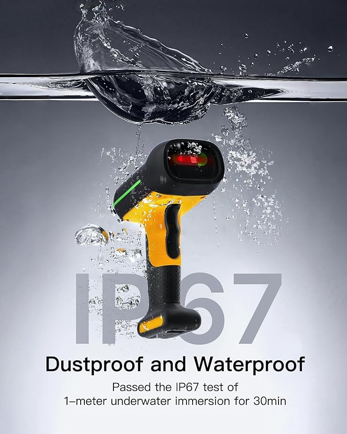 Inateck Industrial Barcode Scanner Wireless, 2D QR Code Scanner with Smart Charging Stand, IP67 Waterproof and Dustproof, Barcode Reader with 2600mAh Battery，Handscanner with App & SDK, BCST-75S