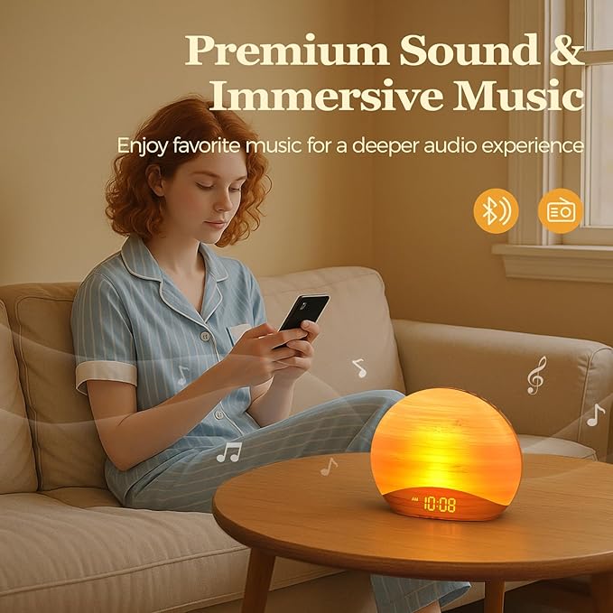 REACHER Sunrise Alarm Clock with Bluetooth Speaker & FM Radio, Gradual Wake Up Light, Digital Dimmable Clock, Bedroom Lamps, 8 Color Night Lights, Home Decor, Wood Clock for Adult, Kid