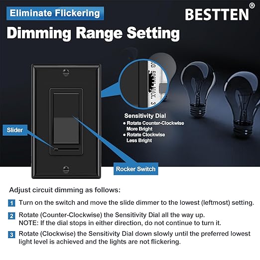 BESTTEN 6 Pack Dimmer Wall Light Switch, Compatible with Dimmable LED, CFL, Incandescent and Halogen Bulb, Single Pole or 3-Way Dimmer Switches, 120VAC, Decorator Wall Plate Included, Black