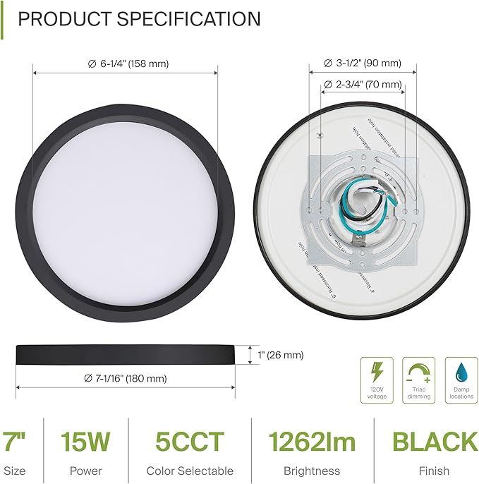 ASD LED 7" Round Flush Mount Ceiling Light Fixture, Low Profile Surface Lighting | 5CCT, Dimmable, Ultra-Thin, ETL Listed | 15W 1260LM 2700-6000K 120V | Kitchen, Bedroom, Hallway Lamp | Black