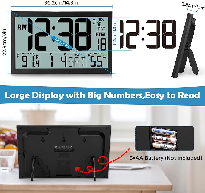 SZELAM Atomic Clock, 16.7" Large Display Digital Wall Clock Battery Operated - Image 7